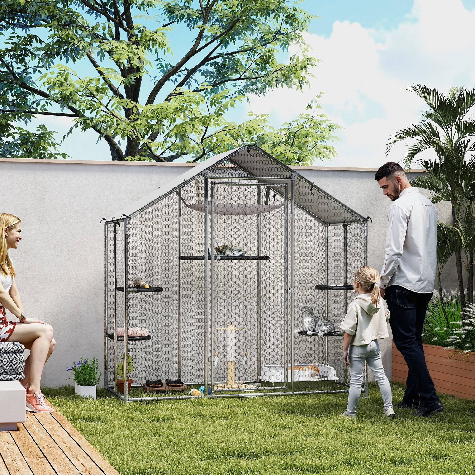 Alt View 1. Pawhut - Catio Outdoor Cat Enclosure with Waterproof Cover - Silver.