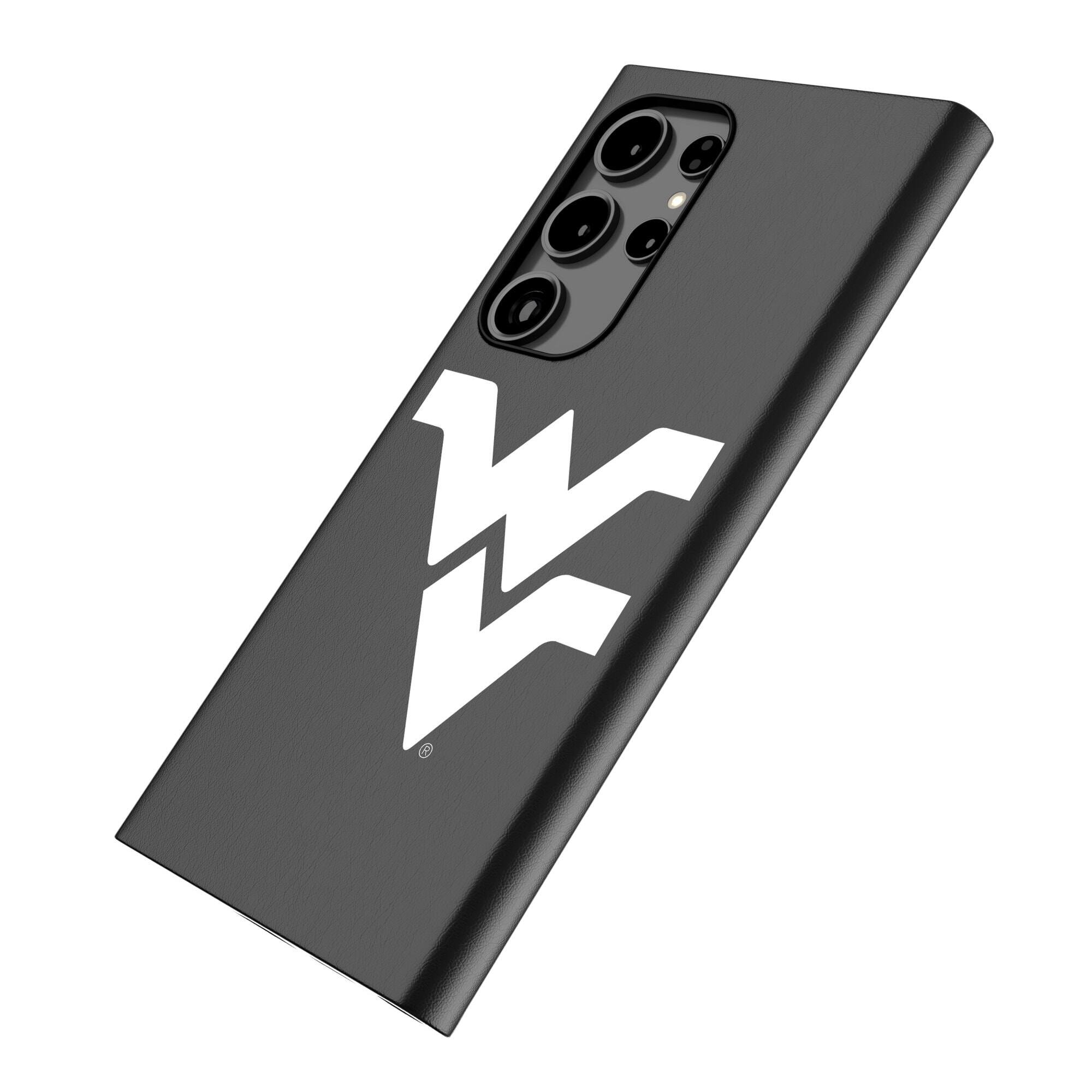 Alt View 1. Keyscaper - West Virginia Mountaineers Text Backdrop Galaxy Magnetic Bump Case - S24 - Black.