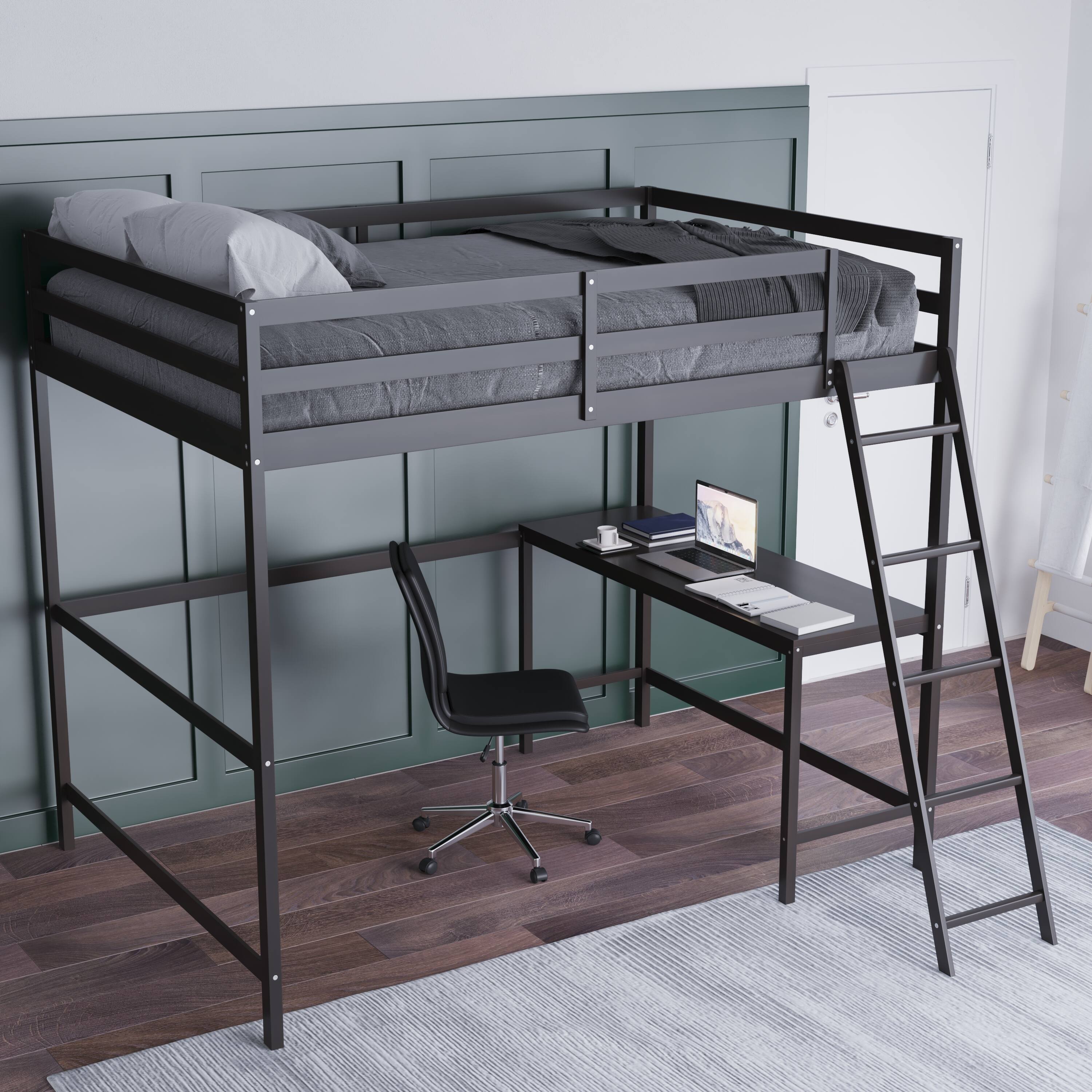 Alt View 3. Emma + Oliver - Wooden Loft Bed Frame with Integrated Desk and Ladder - Espresso.