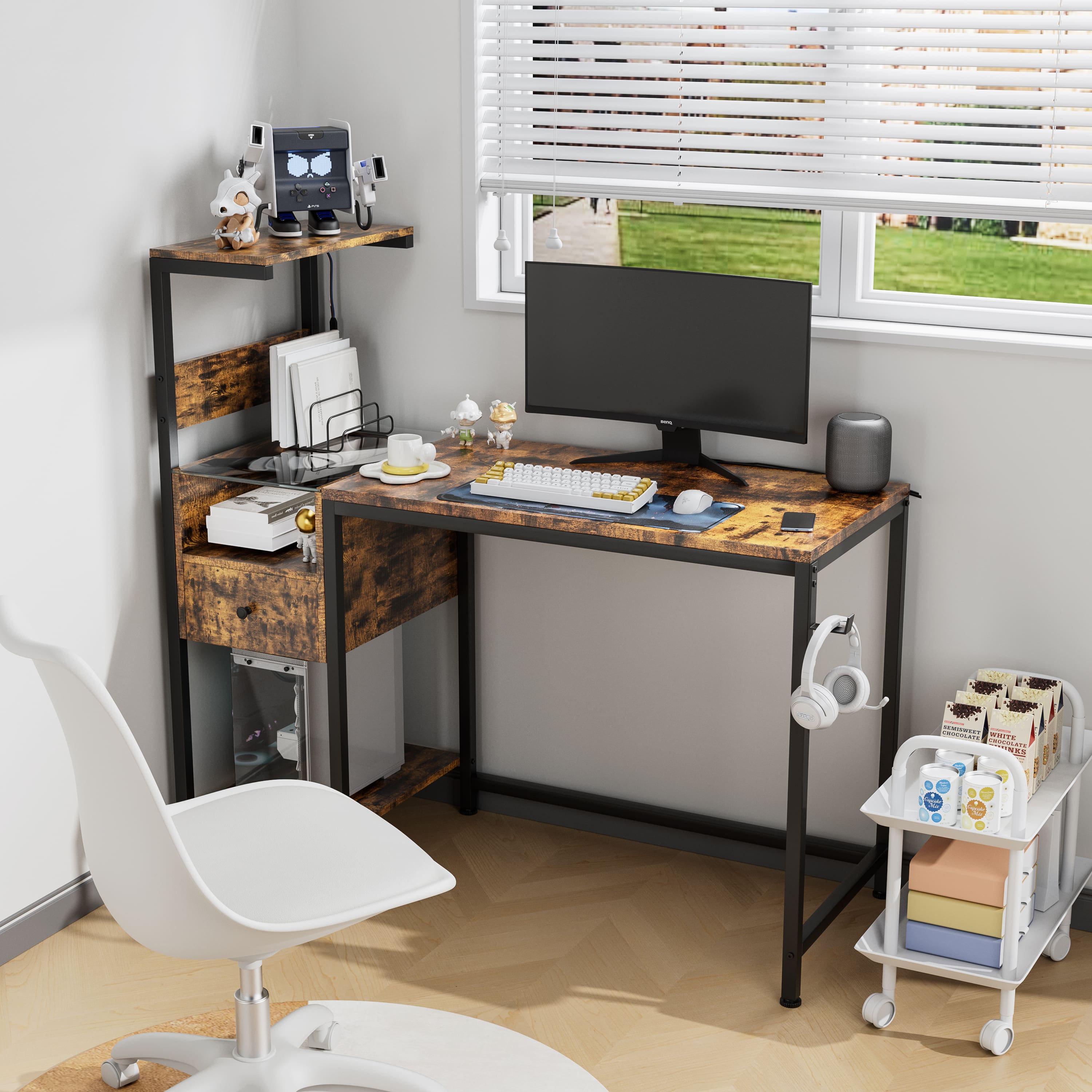 Tiramisubest - Computer Desk with Power Outlet & Storage Shelves, Study Writing Table with USB Ports Charging Station - Brown