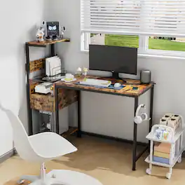 Tiramisubest - Computer Desk with Power Outlet & Storage Shelves, Study Writing Table with USB Ports Charging Station - Brown