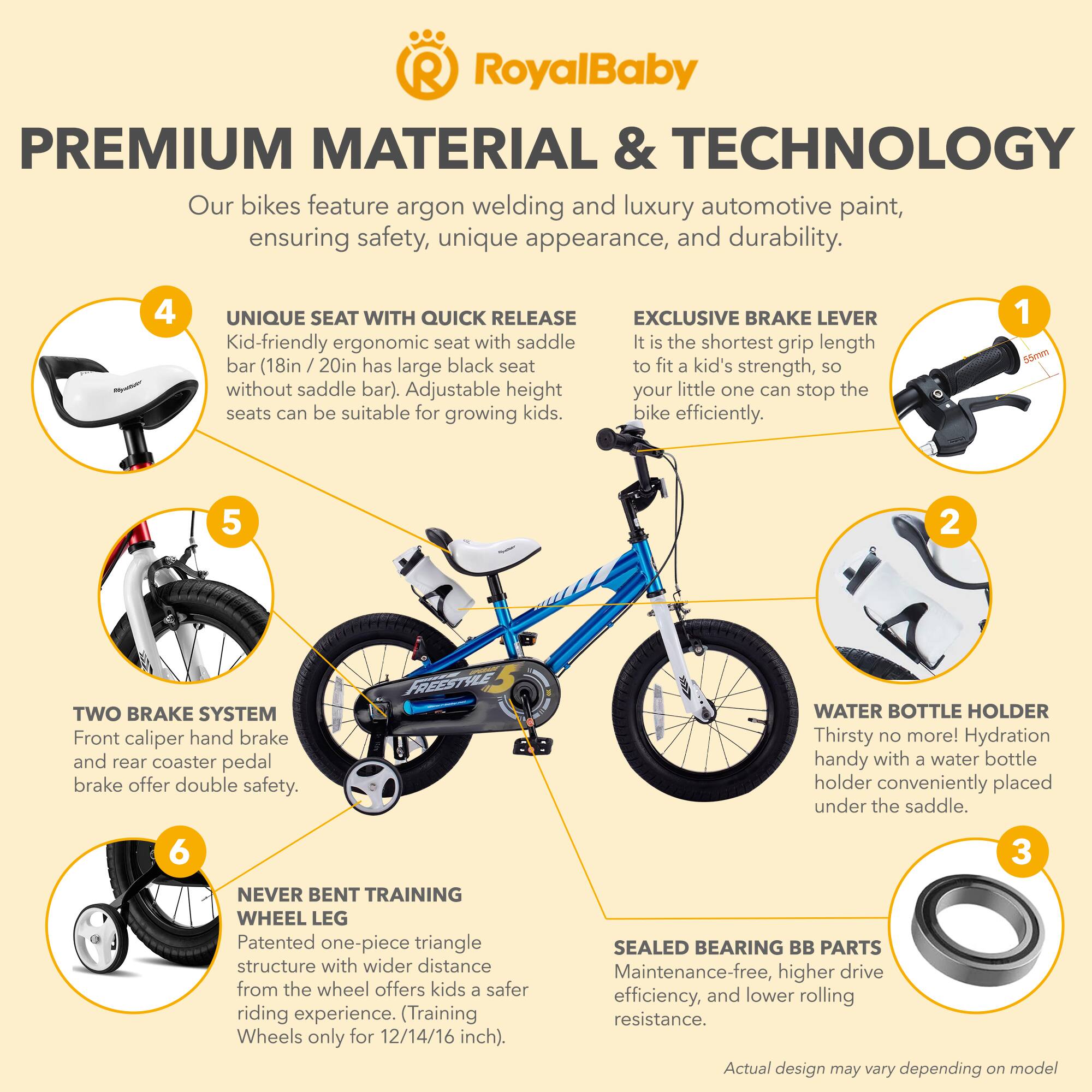 **RoyalBaby PREMIUM MATERIAL & TECHNOLOGY**

Our bikes feature argon welding and luxury automotive paint, ensuring safety, unique appearance, and durability.

**1. EXCLUSIVE BRAKE LEVER**
It is the shortest grip length bar (18in / 20in has large black seat to fit a kid's strength, so without saddle bar). Adjustable height your little one can stop the seats can be suitable for growing kids.

**2. UNIQUE SEAT WITH QUICK RELEASE**
Kid-friendly ergonomic seat with saddle bar (18in / 20in has large black seat to fit a kid's strength, so without saddle bar). Adjustable height your little one can stop the seats can be suitable for growing kids.

**3. SEALED BEARING BB PARTS**
Maintenance-free, higher drive efficiency, and lower rolling resistance.

**4. TWO BRAKE SYSTEM**
Front caliper hand brake and rear coaster pedal brake offer double safety.

**5. WATER BOTTLE HOLDER**
Thirsty no more! Hydration handy with a water bottle holder conveniently placed under the saddle.

**6. NEVER BENT TRAINING WHEEL LEG**
Patented one-piece triangle structure with wider distance from the wheel offers kids a safer riding experience. (Training Wheels only