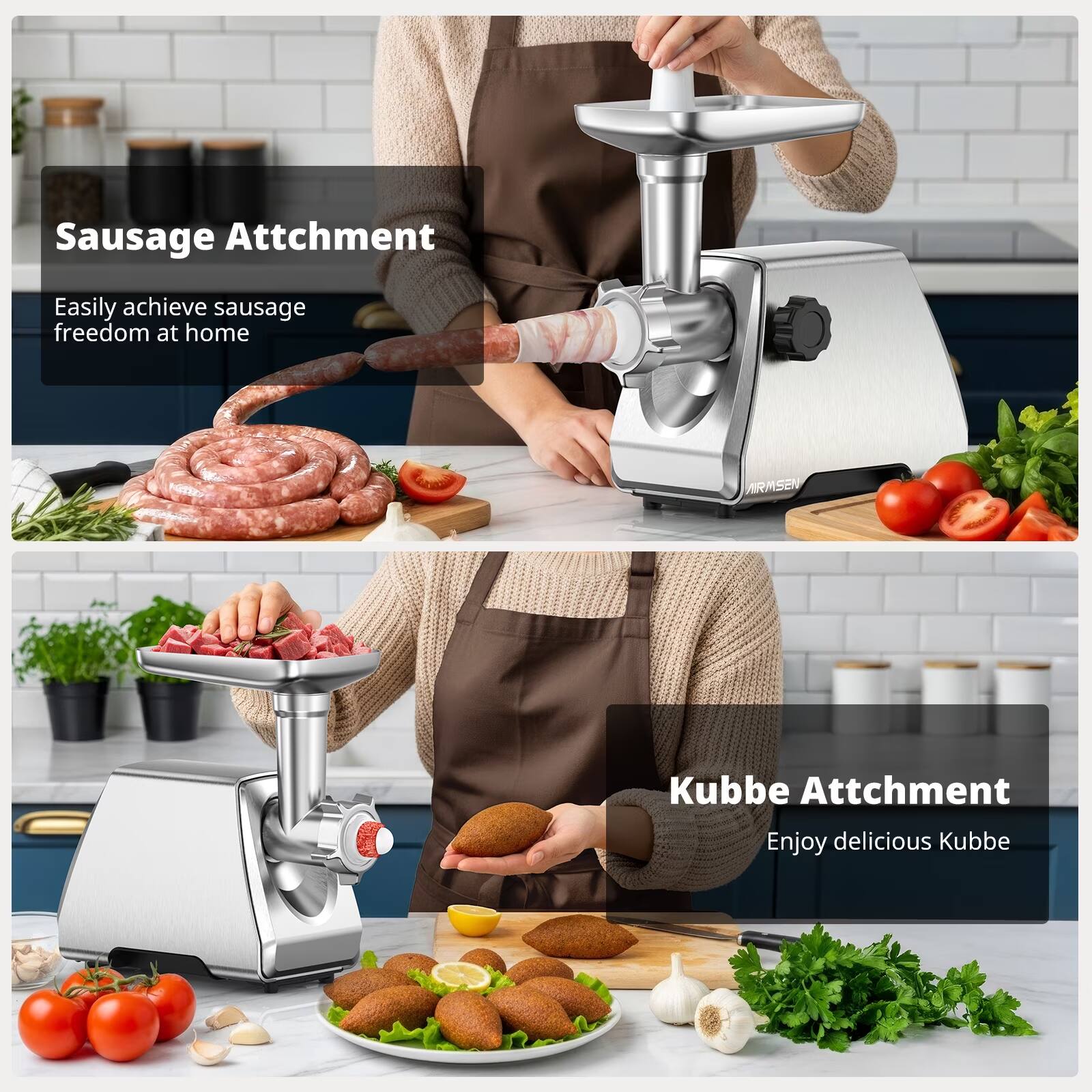 Sausage Attachment  
Easily achieve sausage freedom at home  

Kubbe Attachment  
Enjoy delicious Kubbe