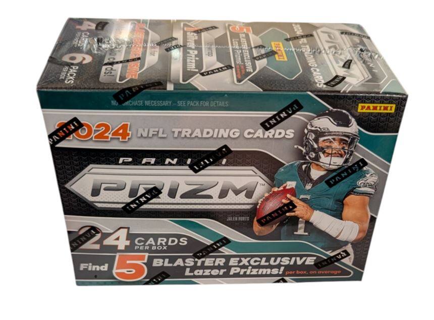 4 CARDS  
6 PACKS  
NO PURCHASE NECESSARY - SEE PACK FOR DETAILS  

PANINI  
024 NFL TRADING CARDS  

PANINI PRIZM  
24 CARDS PER BOX  

Find 5 BLASTER EXCLUSIVE Lazer Prizms! per box, on average  

PANINI  
JALEN HURTS  

PANINI  
BLASTER EXCLUSIVE Lazer Prizms!