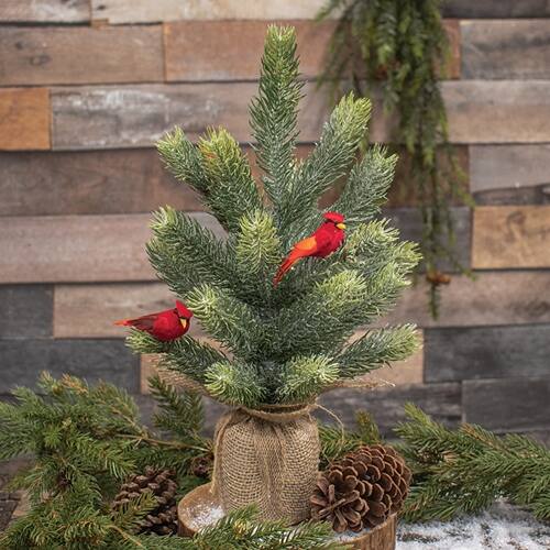 Angle. BreeBe - Glittered Pine Tree With Cardinals in Burlap Base - Green.