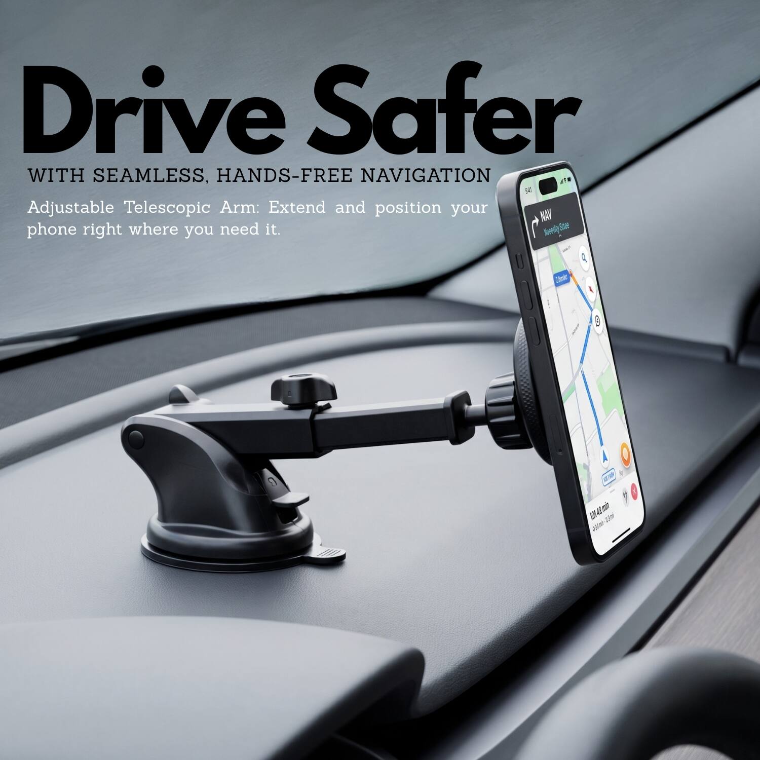 Drive Safer WITH SEAMLESS, HANDS-FREE NAVIGATION

Adjustable Telescopic Arm: Extend and position your NAV phone right where you need it.