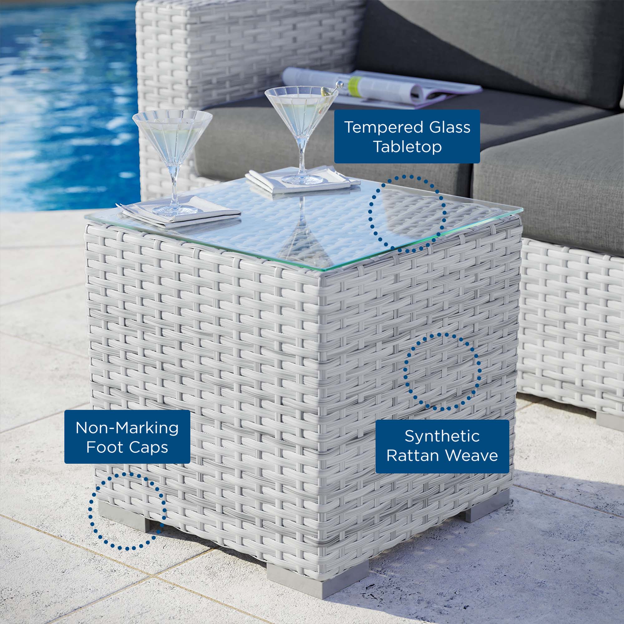 Tempered Glass Tabletop  
Non-Marking Foot Caps  
Synthetic Rattan Weave