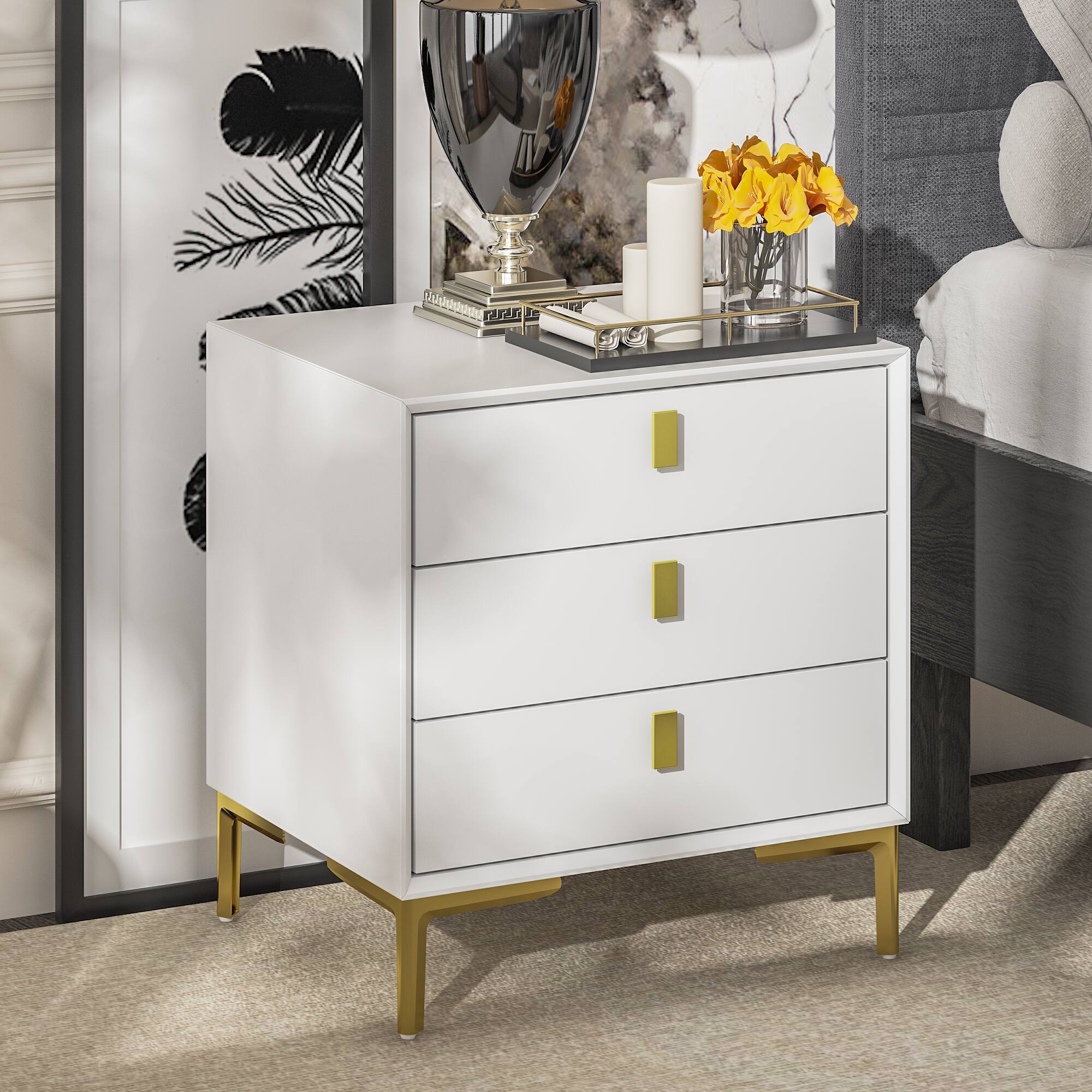 Alt View 1. FUFU & GAGA - Luxury 3 Drawer Nightstand Bedside Table with Gold Accents Modern End Table Storage Cabinet for Bedroom Living Room - White.