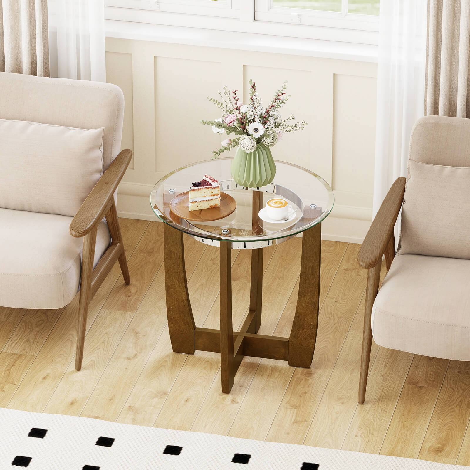 Alt View 4. Costway - Costway 2 PCS 24" Round Side Table Glass End Table with Tempered Glass Top Cross Walnut - Transparent & Walnut.