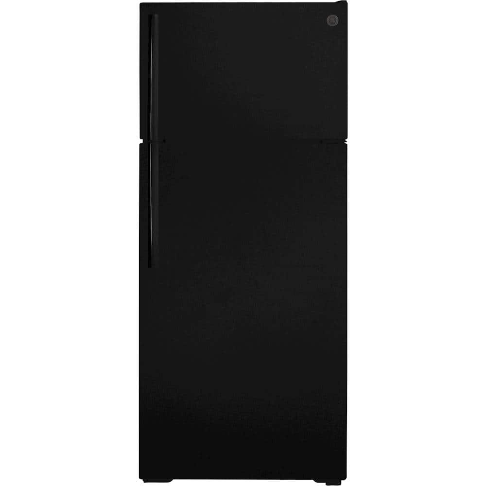 GE - 17.5 Cu. Ft. Top-Freezer Refrigerator with Edge-to-Edge Glass Shelves - Black - Front_Zoom