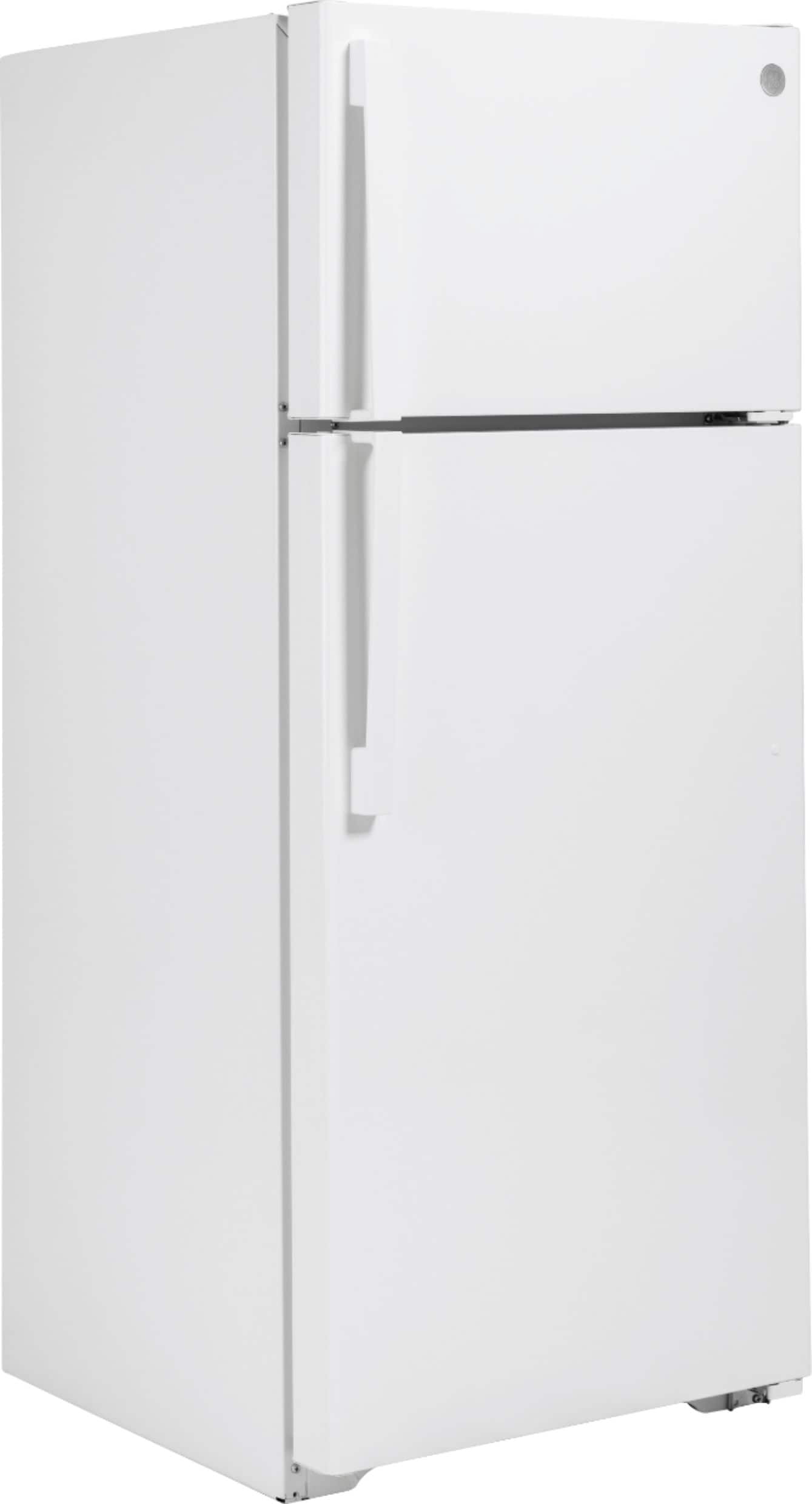 Angle. GE - 17.5 Cu. Ft. Top-Freezer Refrigerator with Edge-to-Edge Glass Shelves - White.