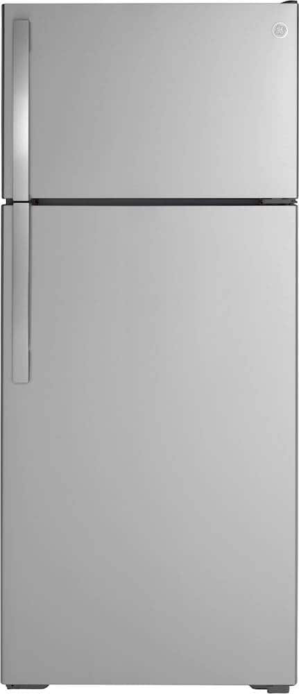 Front. GE - 17.5 Cu. Ft. Top-Freezer Refrigerator - Stainless Steel.