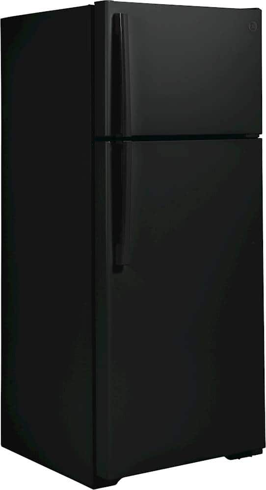 Angle. GE - 17.5 Cu. Ft. Top-Freezer Refrigerator with Edge-to-Edge Glass Shelves - Black.