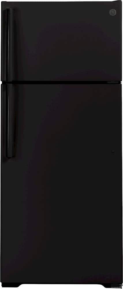 Front. GE - 17.5 Cu. Ft. Top-Freezer Refrigerator with Edge-to-Edge Glass Shelves - Black.