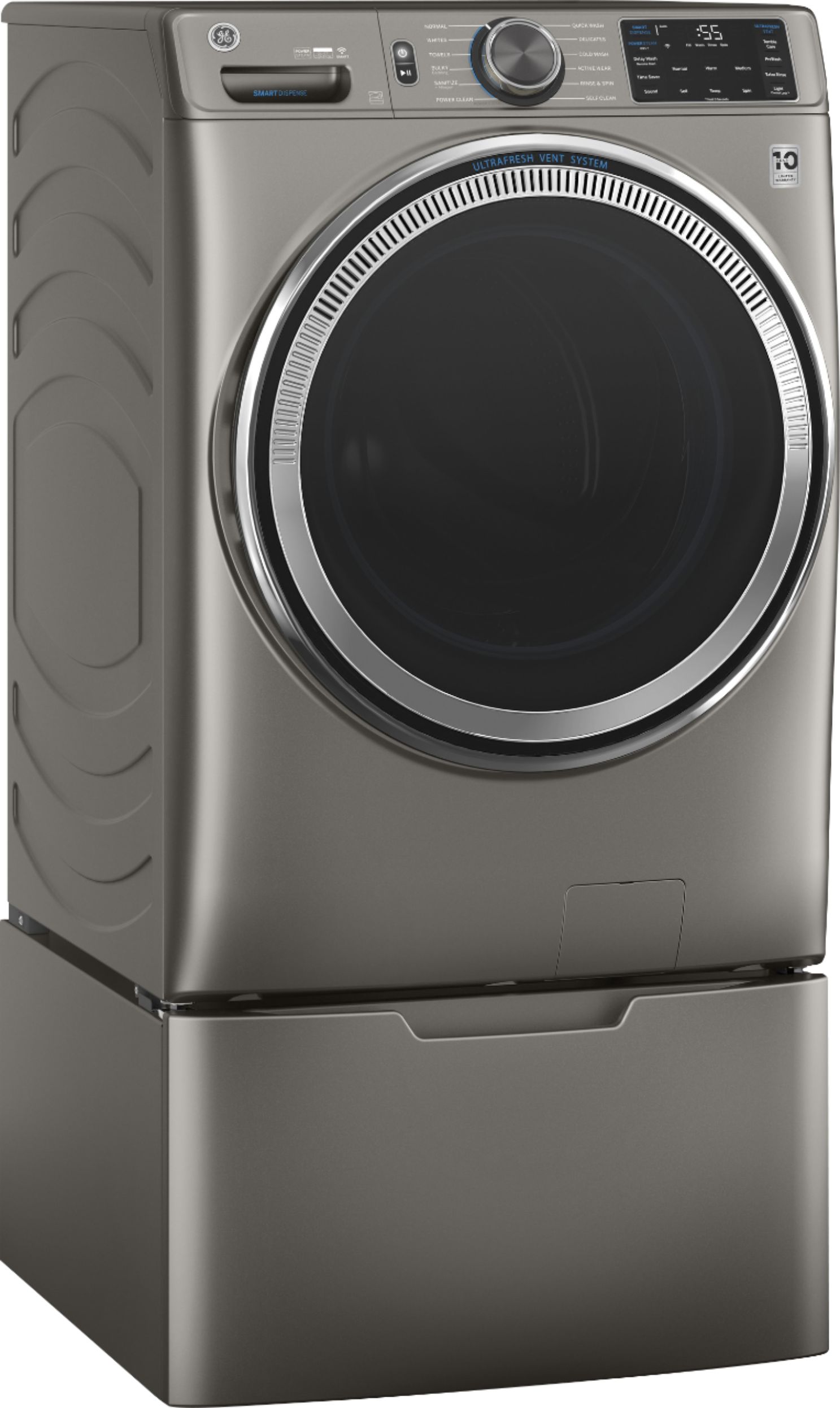 Angle View: GE - 4.8 Cu Ft High-Efficiency Stackable Smart Front Load Washer w/UltraFresh Vent, Microban Antimicrobial & SmartDispense - Satin nickel