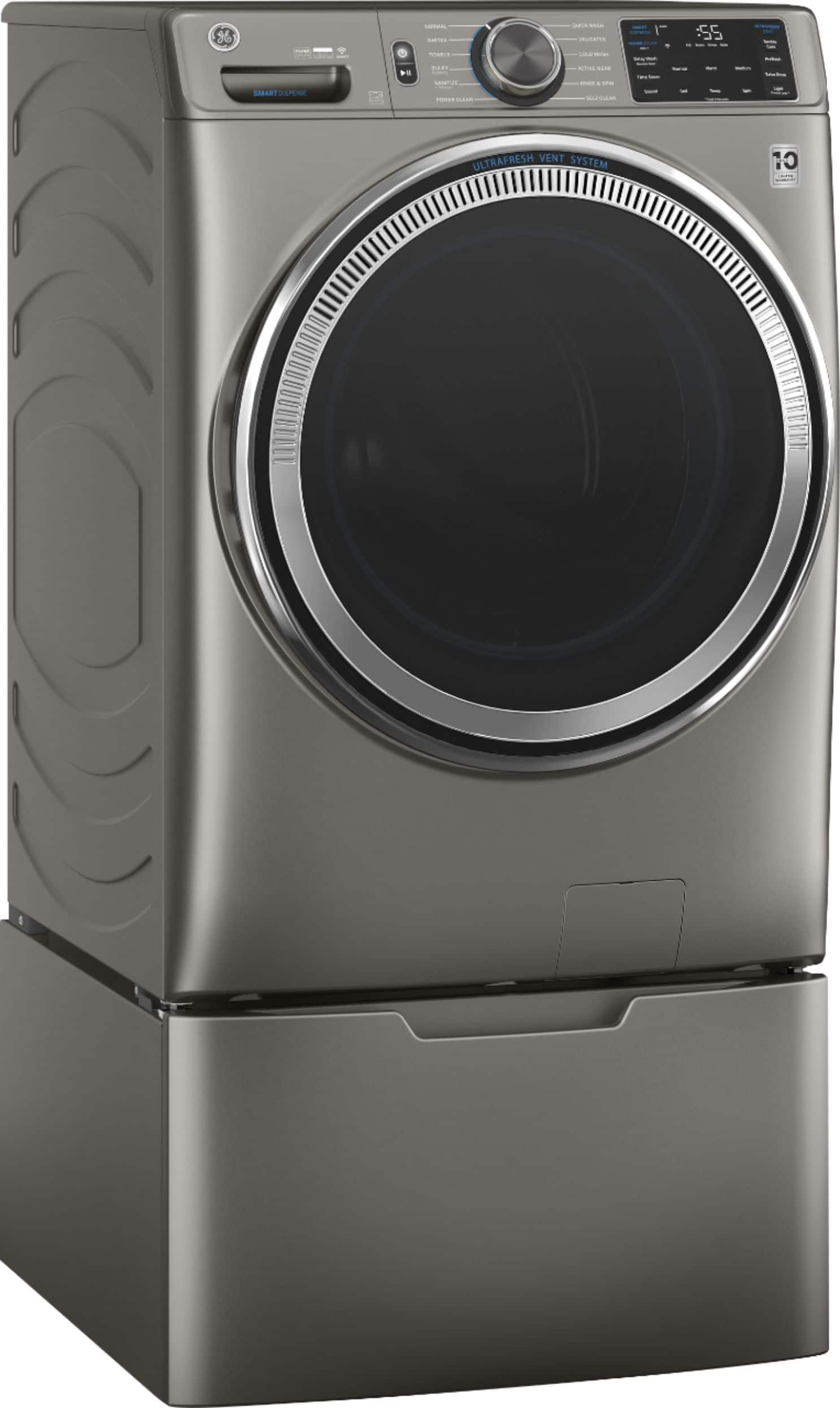 Angle. GE - 4.8 Cu Ft High-Efficiency Stackable Smart Front Load Washer w/UltraFresh Vent, Microban Antimicrobial & SmartDispense - Satin Nickel.
