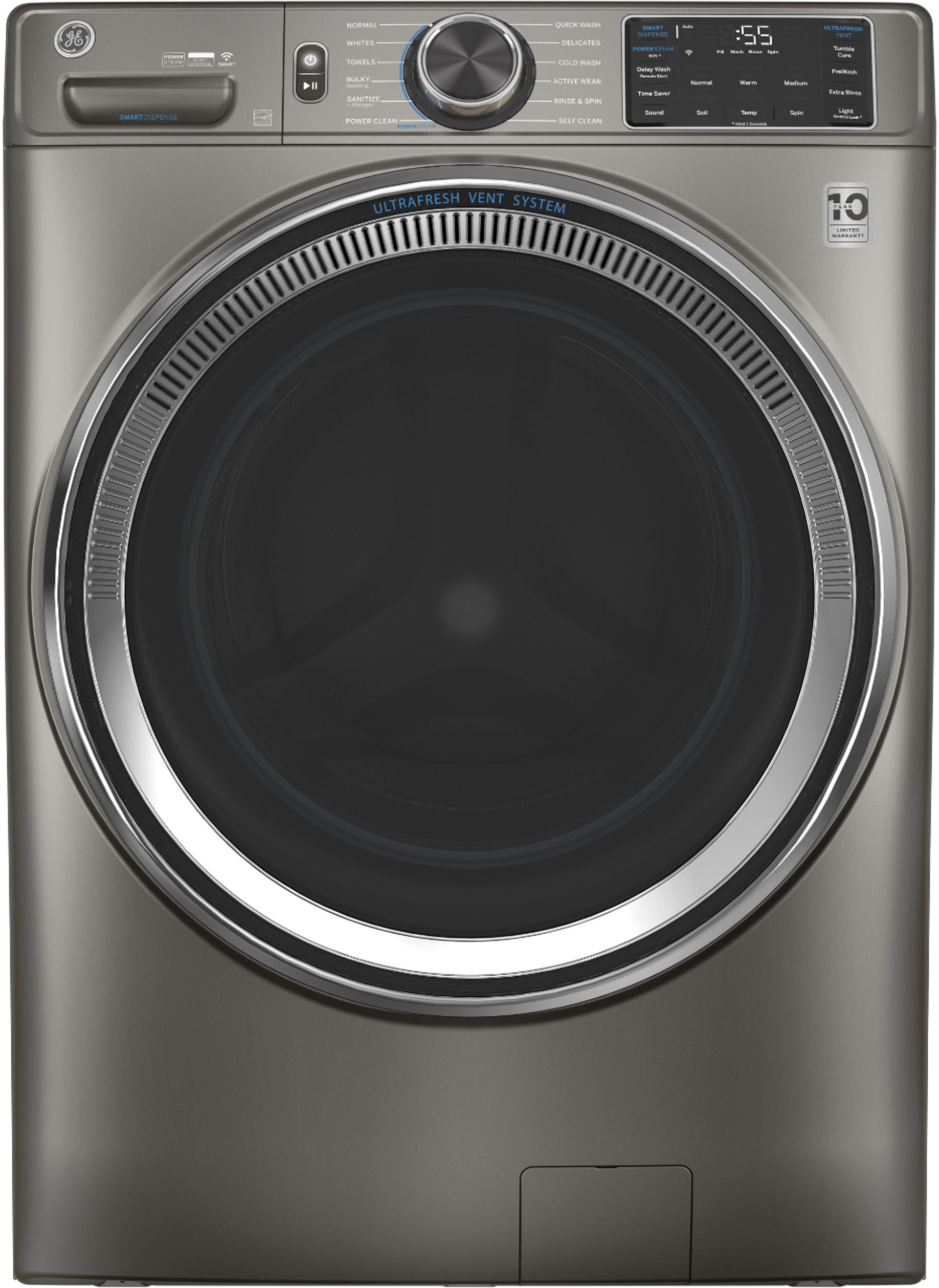 GE - 4.8 Cu. Ft. High-Efficiency Stackable Smart Front Load Washer with Microban - Satin Nickel