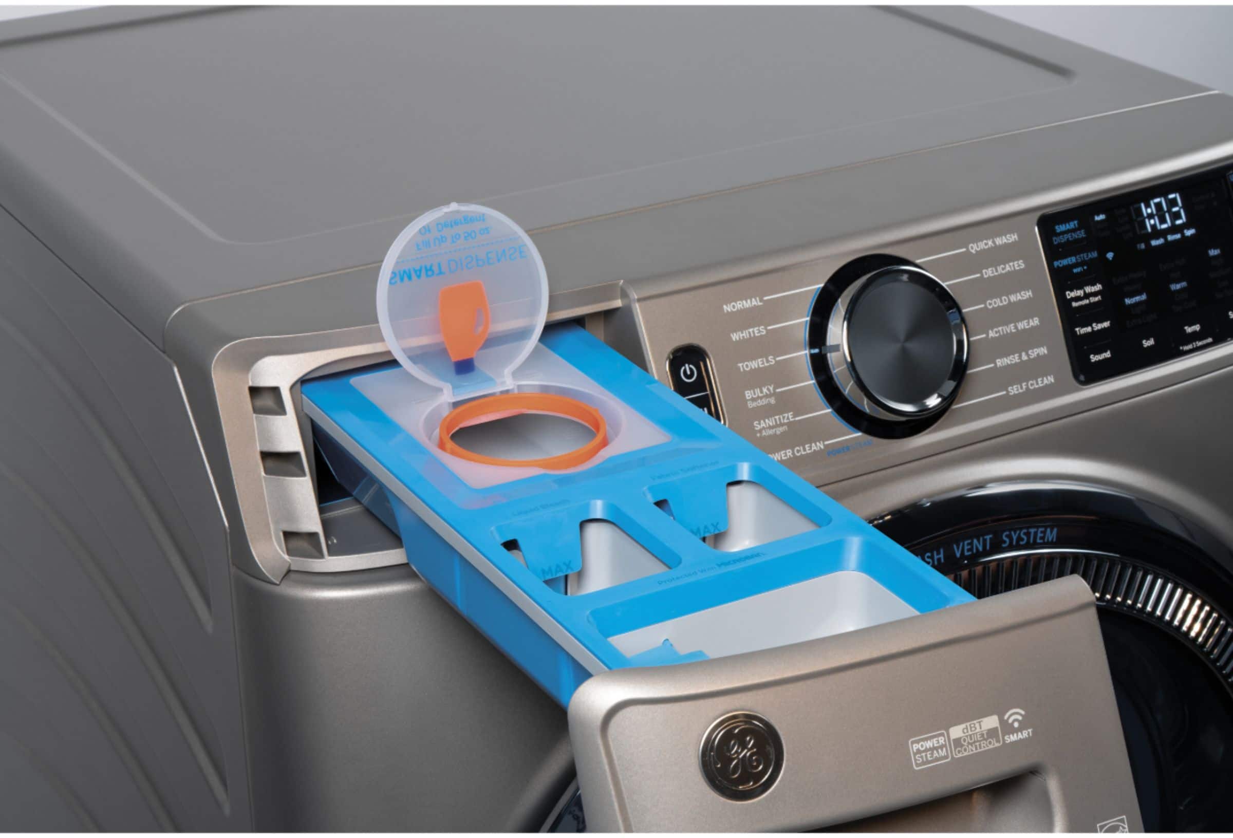 Alt View 5. GE - 4.8 Cu Ft High-Efficiency Stackable Smart Front Load Washer w/UltraFresh Vent, Microban Antimicrobial & SmartDispense - Satin Nickel.