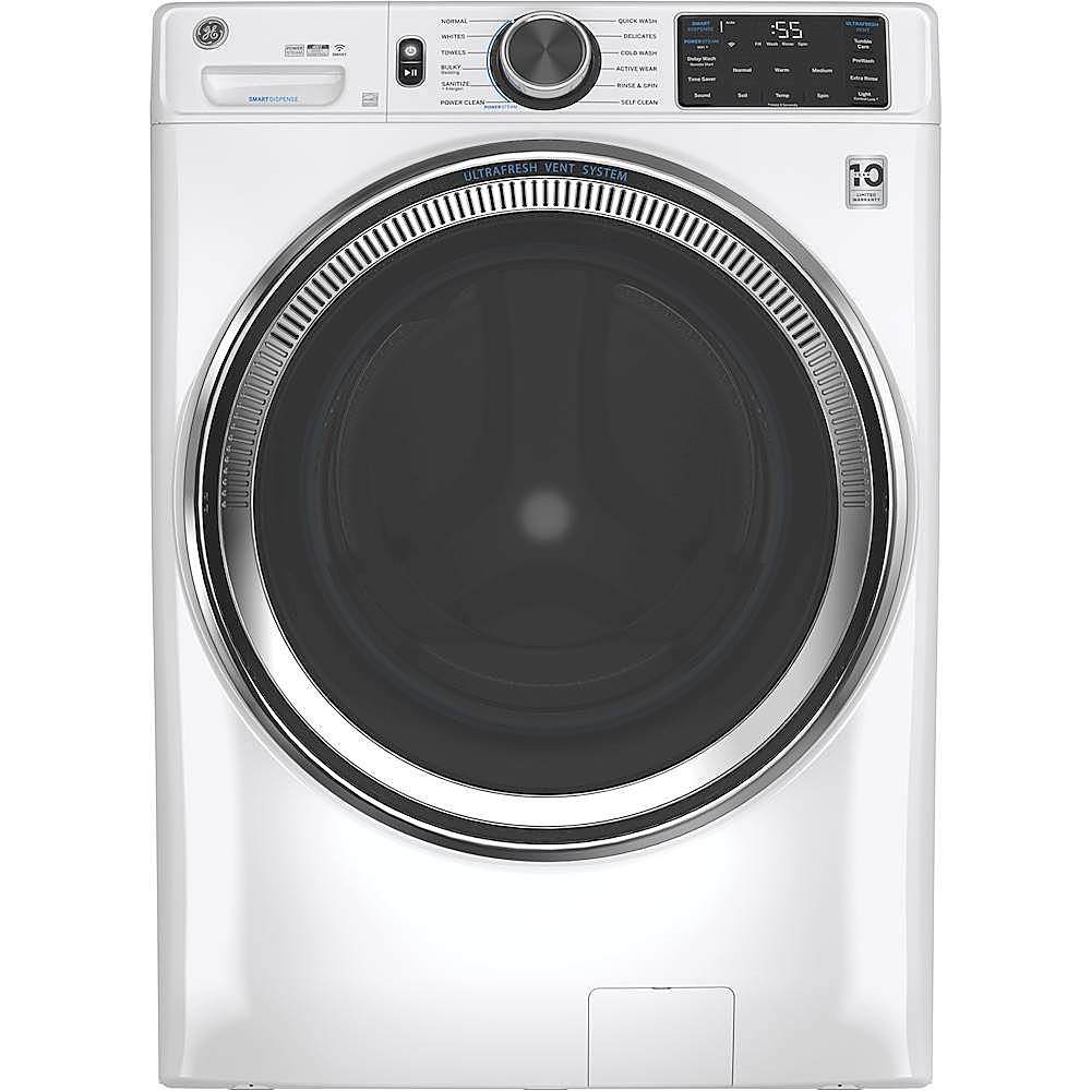 Front. GE - 4.8 Cu Ft High-Efficiency Stackable Smart Front Load Washer w/UltraFresh Vent, Microban Antimicrobial & SmartDispense - White On White.