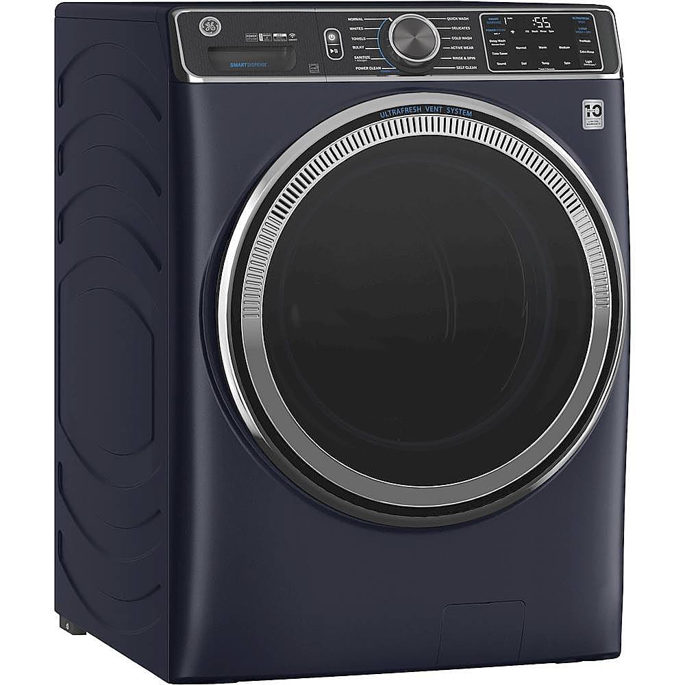 Angle View: GE - 5.0 Cu Ft High-Efficiency Stackable Smart Front Load Washer w/UltraFresh Vent, Microban Antimicrobial & 1-Step Wash+Dry - White
