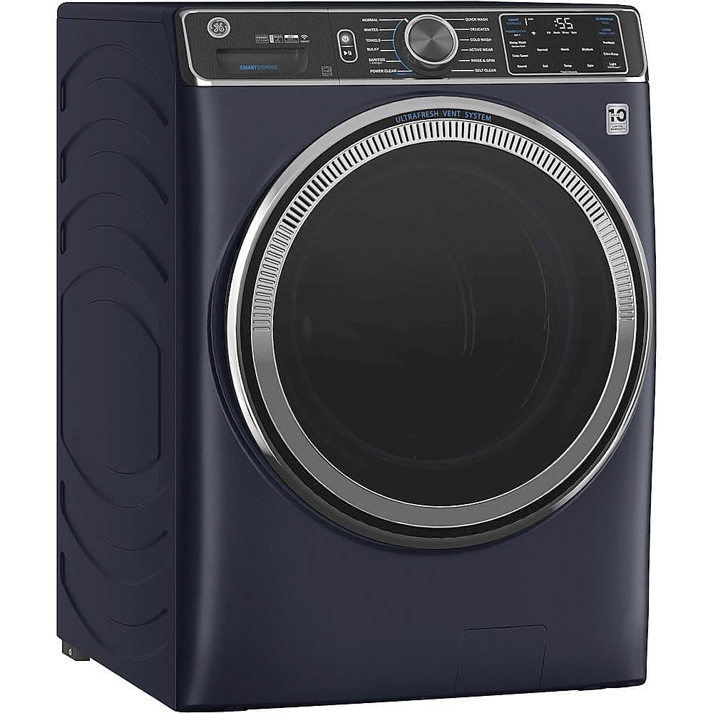 Angle. GE - 5.0 Cu Ft High-Efficiency Stackable Smart Front Load Washer w/UltraFresh Vent, Microban Antimicrobial & 1-Step Wash+Dry - Sapphire Blue.