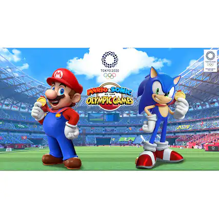 The image features two popular video game characters, Mario and Sonic, standing on a field with a stadium in the background. The text "Tokyo 2020 Olympic Games" is displayed prominently in the image, indicating that the game is related to the Olympic Games. The characters are holding items in their hands, possibly related to the gameplay. The image captures the essence of the game, showcasing the two iconic characters in an Olympic setting. - E10+ (Everyone 10+)