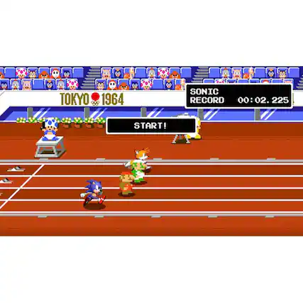 The image features a video game with a track and field event taking place. There are four characters in the scene, with two of them running on the track. The game is set in Tokyo, 1964, and the objective is to set a new Sonic Record. The timer shows that the race has started, and the competitors are running as fast as possible to achieve the best time. - E10+ (Everyone 10+)