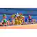 The image features a group of cartoon characters, including Mario and Luigi, standing on a track. They are lined up and appear to be participating in a race or event. There are a total of nine characters visible in the image, with some standing closer to the front and others further back. The setting seems to be a stadium, as there are chairs and benches scattered around the area. The characters are all facing the same direction, suggesting that they are all focused on the same goal or event.