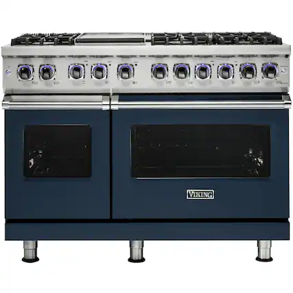 Front. Viking - 48"W 7-Series Dual Fuel Self-Clean Range-6 Burners + Griddle - LP - Slate Blue.