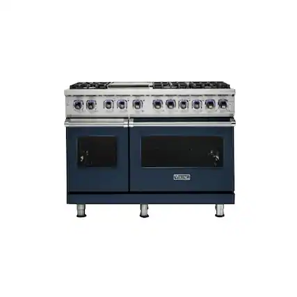 Front. Viking - 48"W 7-Series Dual Fuel Self-Clean Range-6 Burners + Griddle - Slate Blue.
