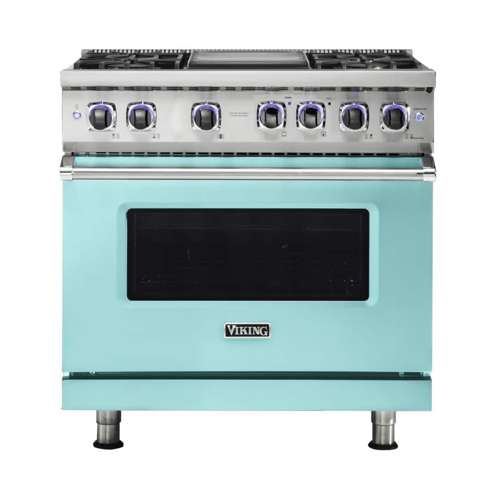 Front. Viking - Freestanding 7 Series Dual Fuel Self-Clean 36"W Range - Bywater Blue.