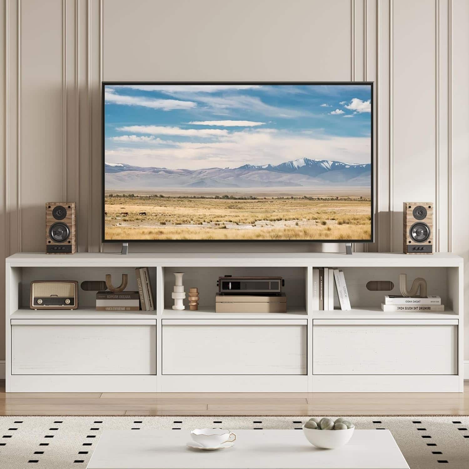 Acekool - Mid-Century TV Stand for 65–75" TVs, Industrial Entertainment Center with 3 Drawers, White - ‎White