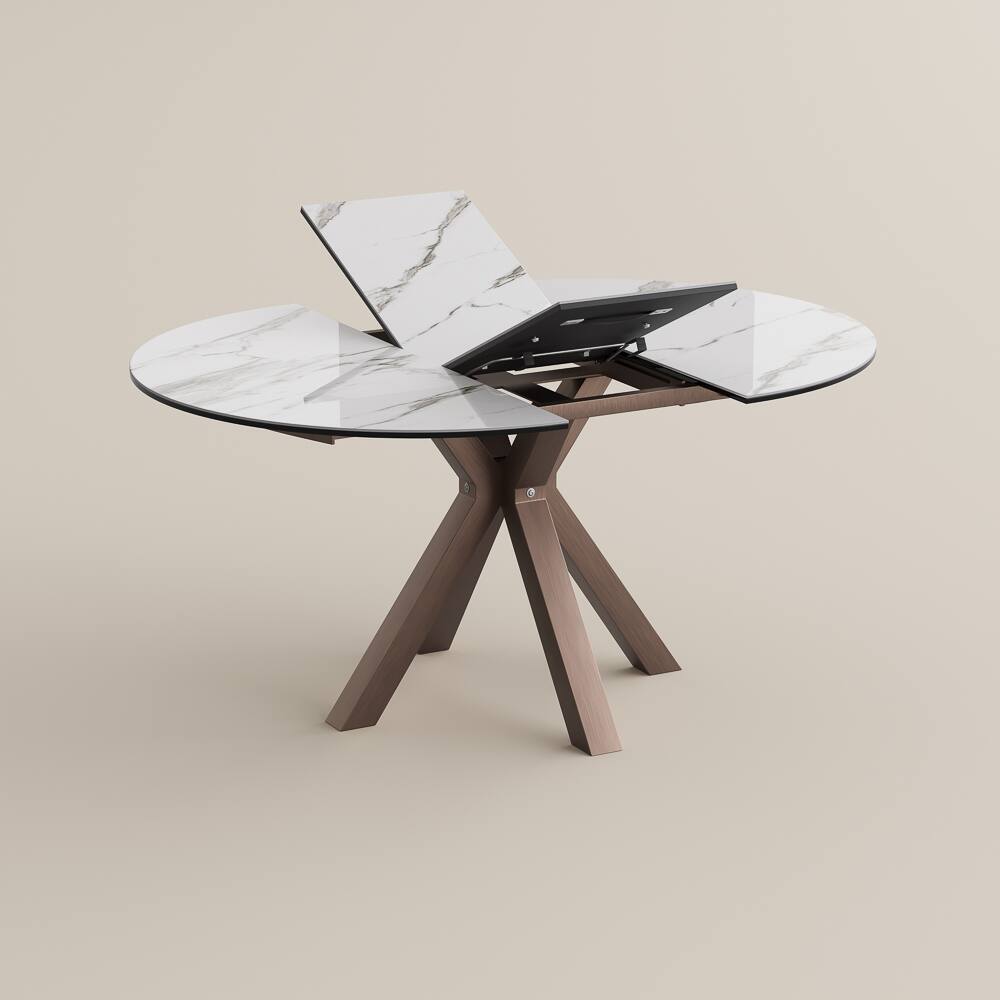 Alt View 8. POVISON - 47"-63"Round Extendable Dining Table for 4-6, White Glossy Sintered Stone & Glass Top, Bronze Steel Base - White.