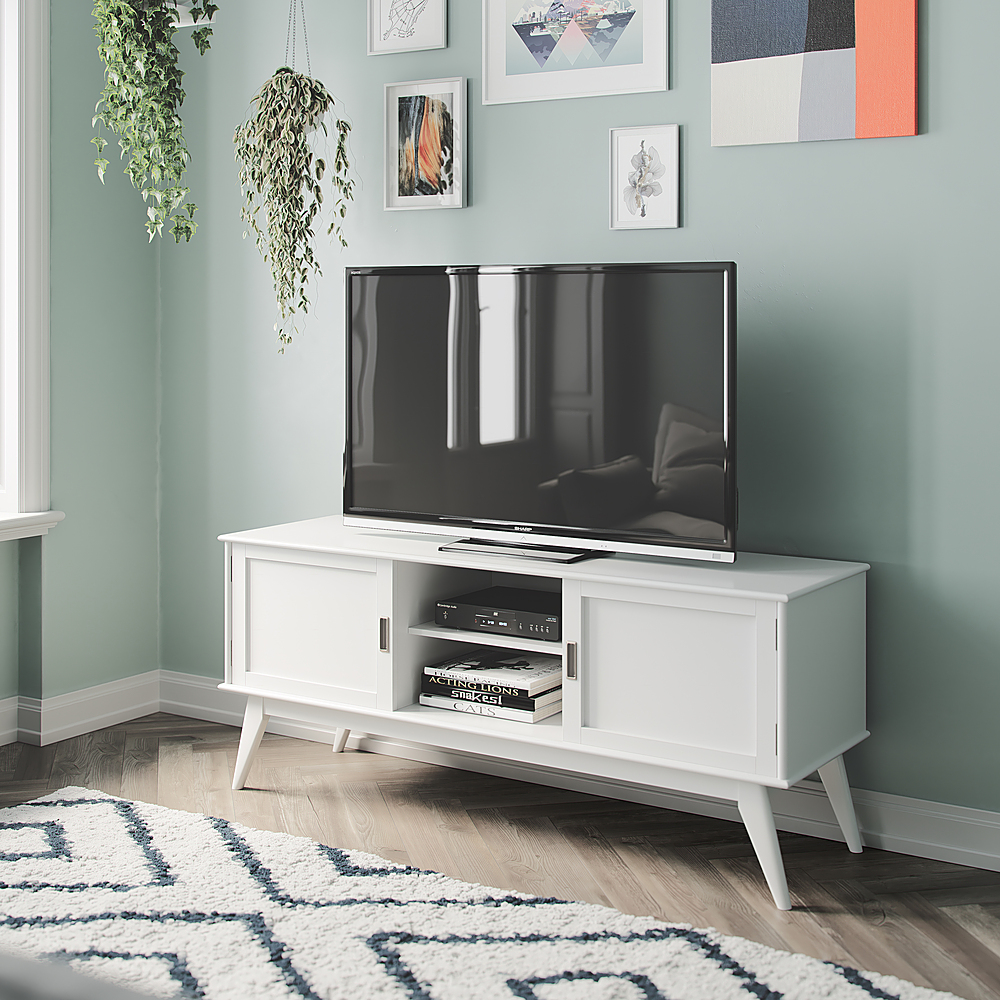 Angle View: Simpli Home - Draper SOLID HARDWOOD 60 inch Wide Mid Century Modern TV Media Stand in White For TVs up to 65 inches - White