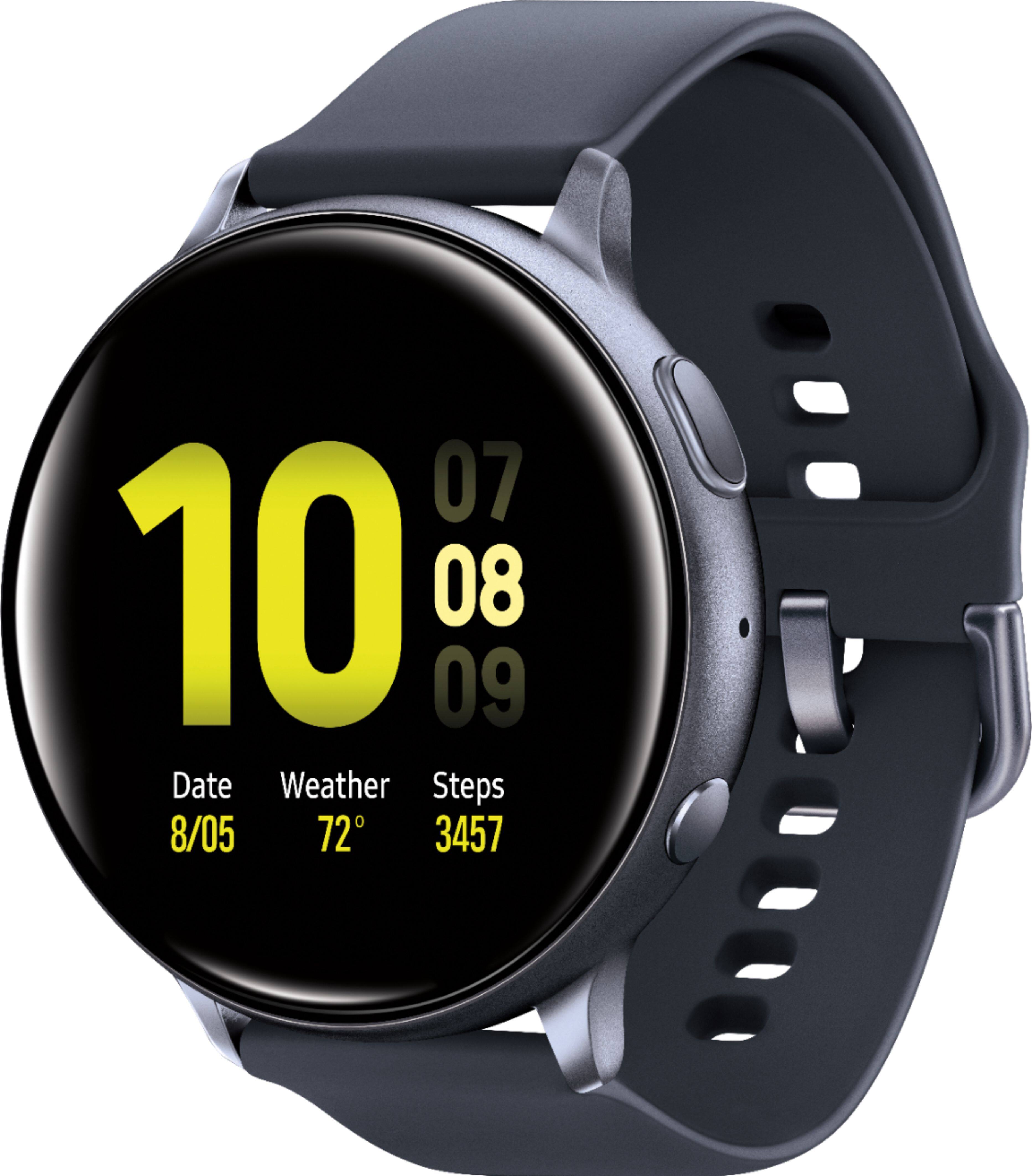 Left. Samsung - Geek Squad Certified Refurbished Galaxy Watch Active2 Smartwatch 44mm Aluminum - Aqua Black.