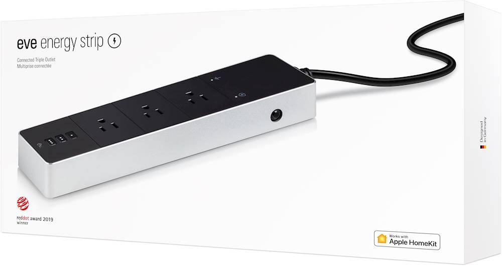 The text on the image reads: "EVE Energy Strip Connected Triple Outlet Multi-Purpose Connect 4 Designed in Germany in reddot award 2019 winner Works with Apple HomeKit."
