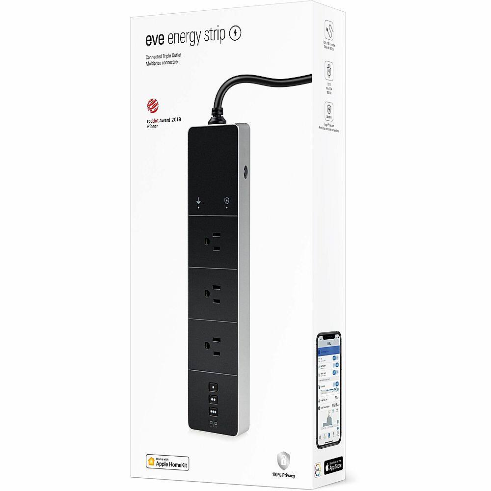 Eve Energy Strip is a smart power strip that connects to the internet and allows you to control and monitor your devices remotely. It features a USB port for charging your devices and has a built-in Apple HomeKit integration for added convenience. The strip is designed to be energy-efficient and environmentally friendly, with a power consumption of only 1.0 watt. The packaging includes a USB cable and a user manual.