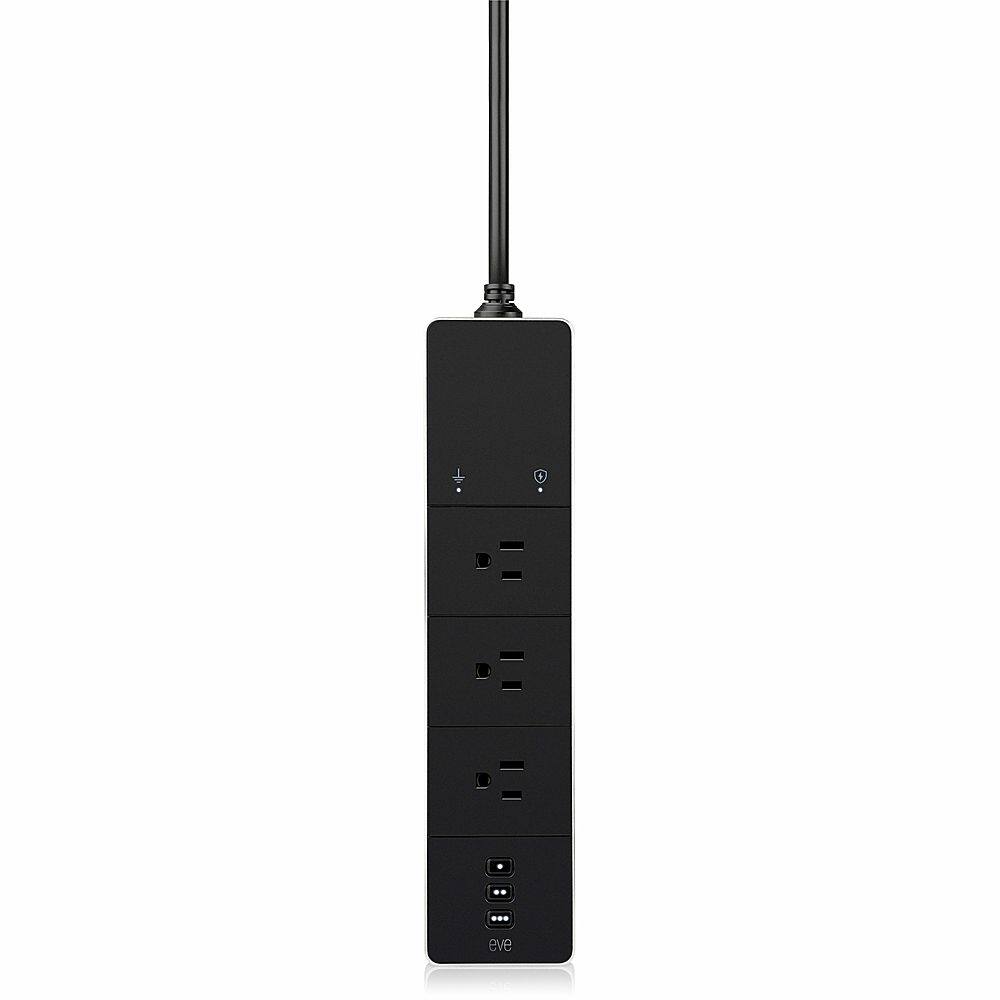The image shows a black surge protector with a long antenna, which is connected to a power strip. The surge protector is designed to protect electronic devices from power surges and spikes.