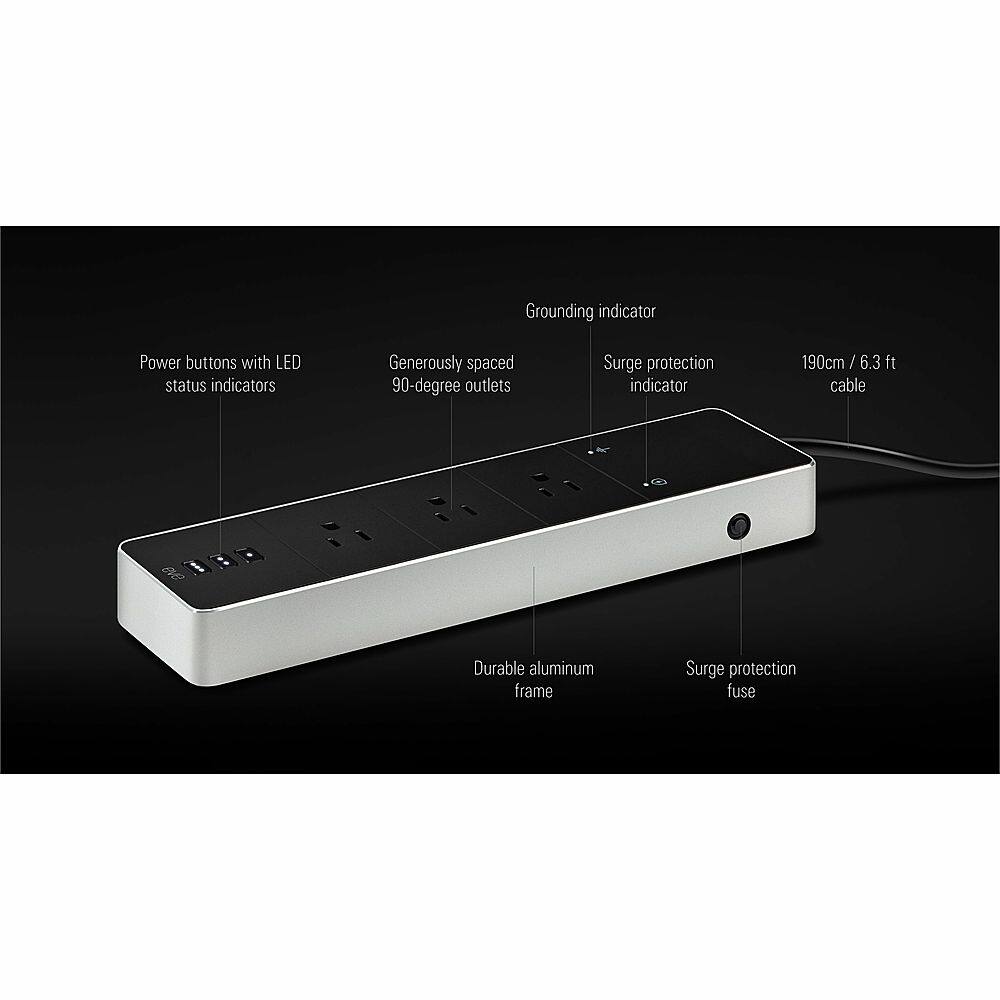 The image features a power strip with a variety of features and indicators. These include a grounding indicator, power buttons with LED status indicators, generously spaced 90-degree outlets, surge protection indicator, a 190cm/6.3 ft cable, a durable aluminum frame, and surge protection fuse.