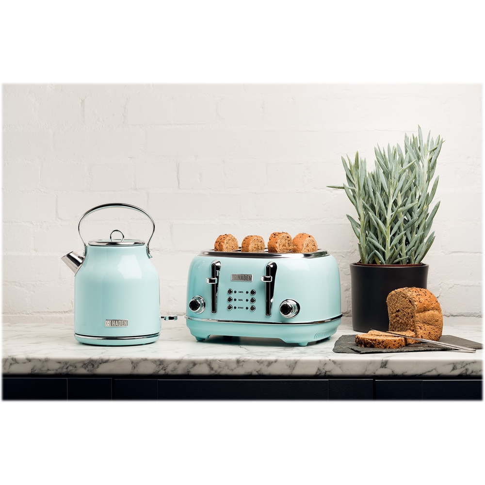 Left View: Haden Heritage 4-Slice Toaster, Wide Slot for Bagels with Multi Settings - Turquoise