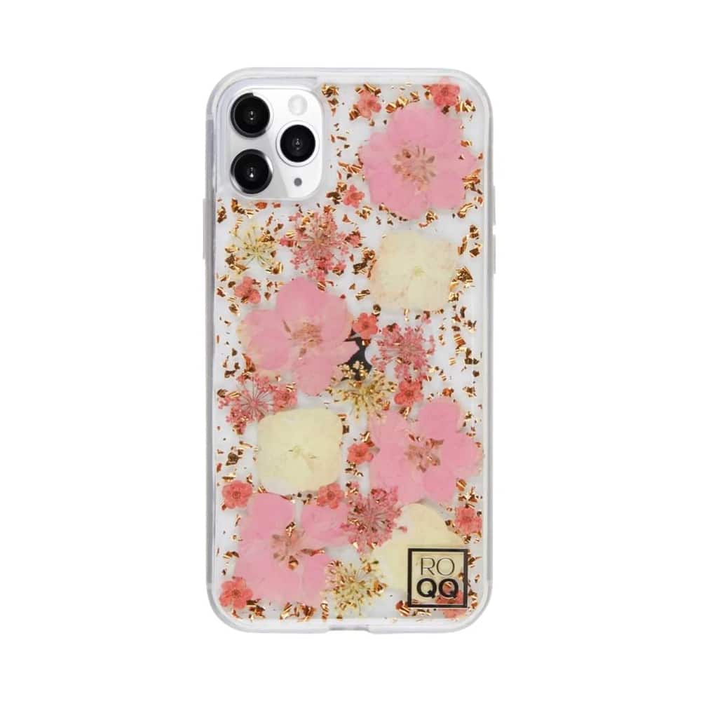 Angle. ROQQ - Blossom Pink Delphiniums & White Hydrangeas Case for Apple® iPhone® 11 Pro Max - White/Pink/Transparent.