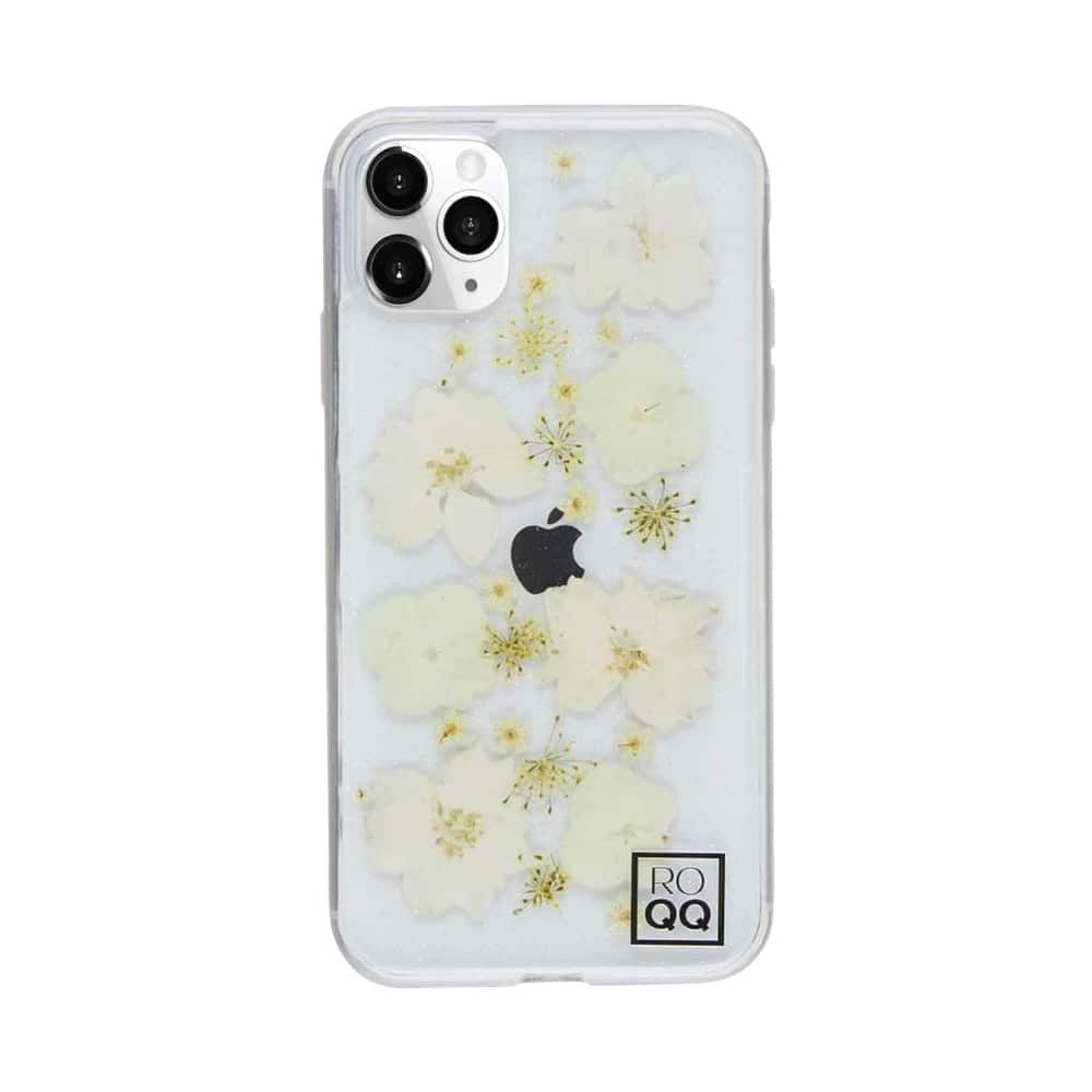 Angle. ROQQ - Blossom White Delphiniums & Hydrangeas Case for Apple® iPhone® 11 Pro - White/Transparent.