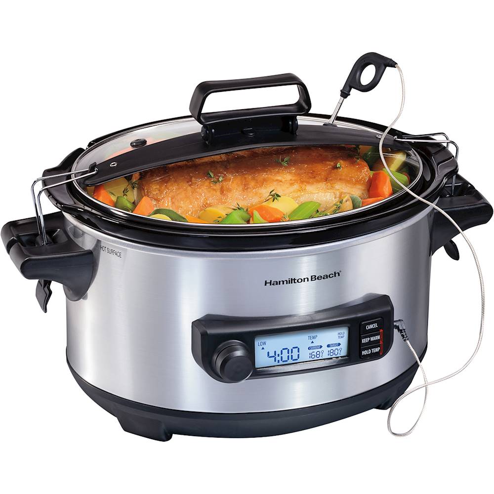 Hamilton Beach Portable 6 Quart Set & Forget Digital Programmable Slow  Cooker with Lid Lock, Dishwasher Safe Crock & Lid, Temperature Probe,  Stainless Steel