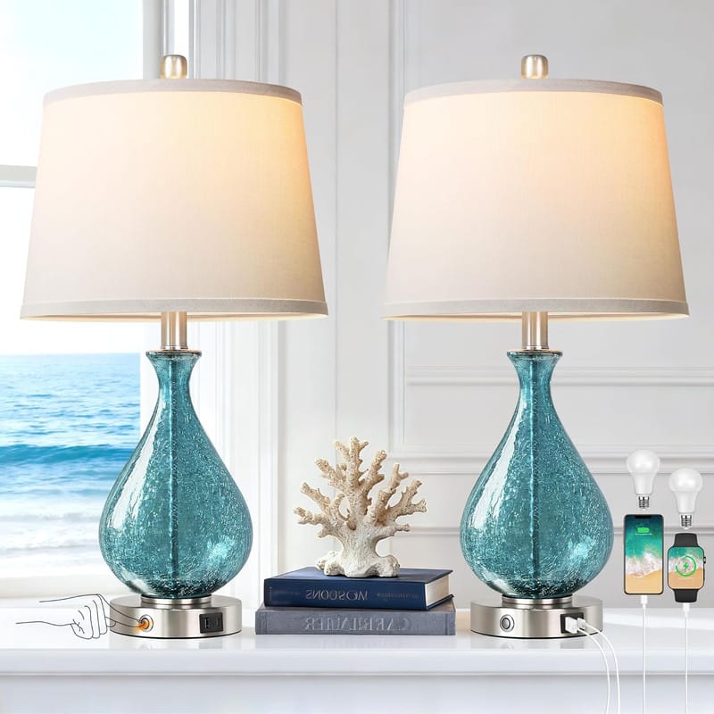 partphoner - Modern Glass Table Lamps Set of 2 with USB A+C - Blue