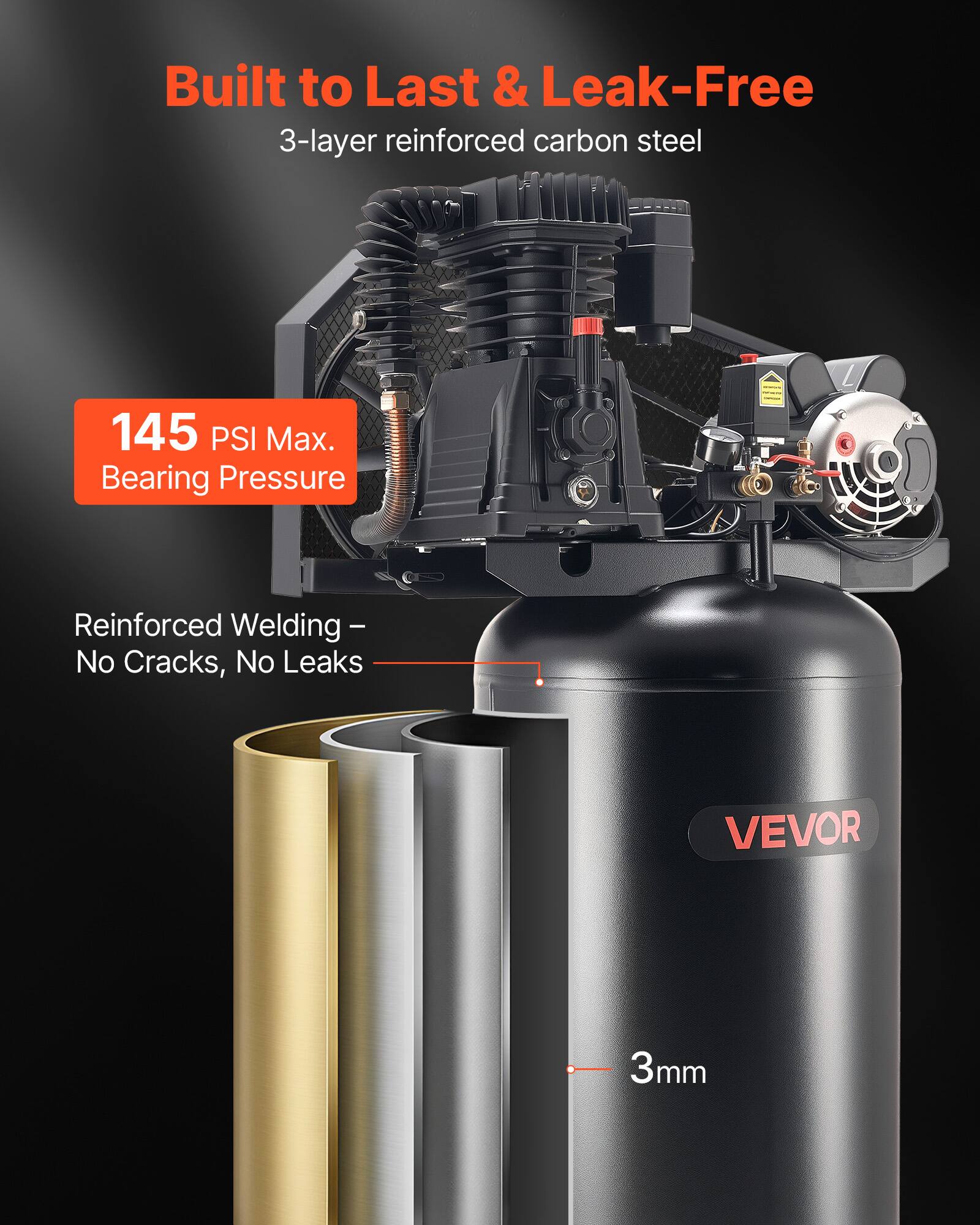 Built to Last & Leak-Free  
3-layer reinforced carbon steel  
145 PSI Max. Bearing Pressure  
Reinforced Welding - No Cracks, No Leaks  
VEVOR  
3mm
