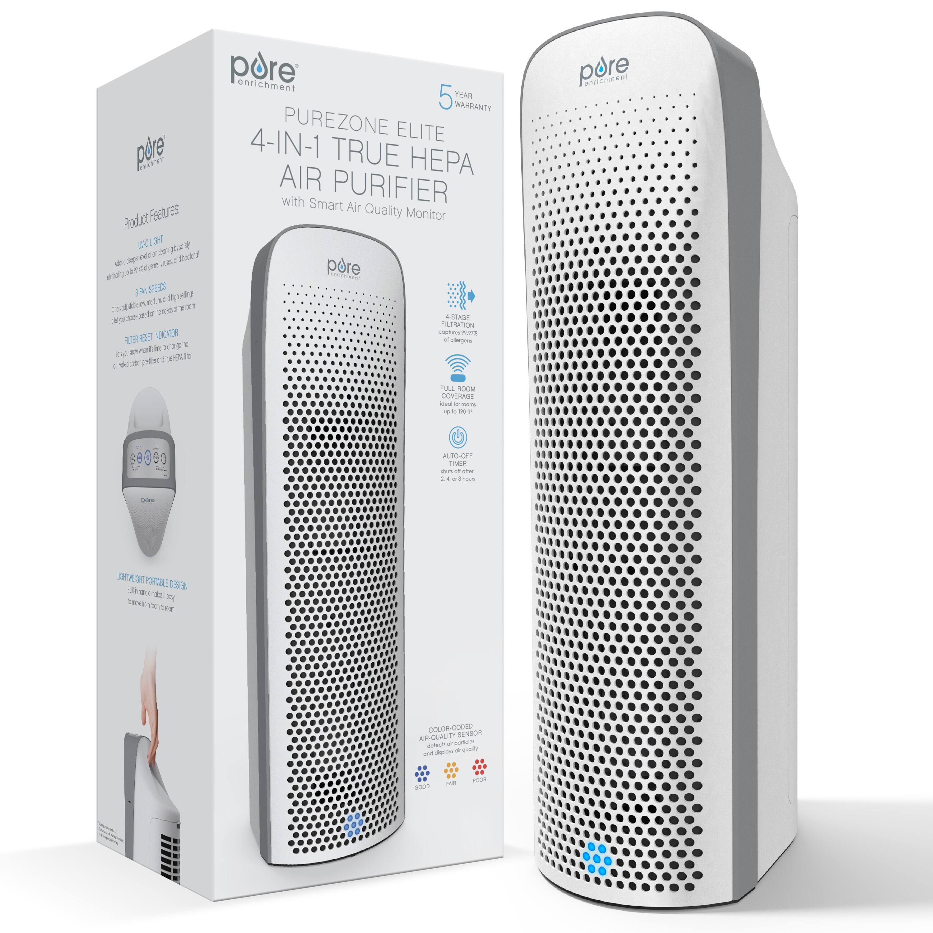 pure enrichment  
PUREZONE ELITE 4-IN-1 TRUE HEPA AIR PURIFIER with Smart Air Quality Monitor  
5 YEAR WARRANTY  

Product Features  
- UV-C LIGHT  
- 2 SPEEDS  
- FULL ROOM COVERAGE  
- AUTO-OFF TIMER  
- PORTABLE DESIGN  
- COLOR-CODED SENSOR AIR-QUALITY SENSOR  

4-STAGE FILTRATION  
- 4-STAGE FILTRATION captures 99.97% of particles and displays on quality  
- FULL ROOM COVERAGE up to 196 sq ft  
- AUTO-OFF TIMER that turns off after 2 hours  
- PORTABLE DESIGN  
- COLOR-CODED SENSOR AIR-QUALITY SENSOR