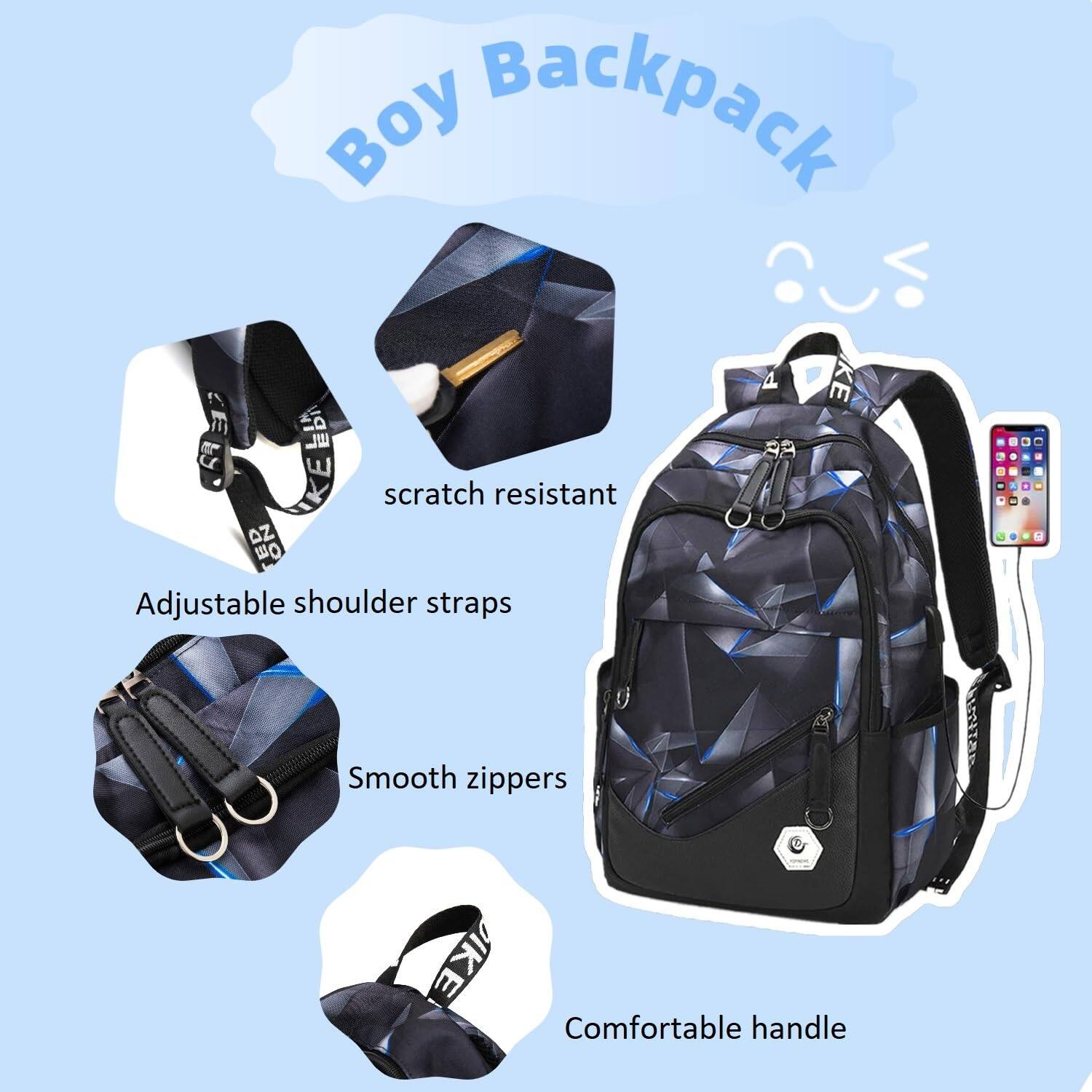 Boy Backpack

- Scratch resistant
- Adjustable shoulder straps
- Smooth zippers
- Comfortable handle