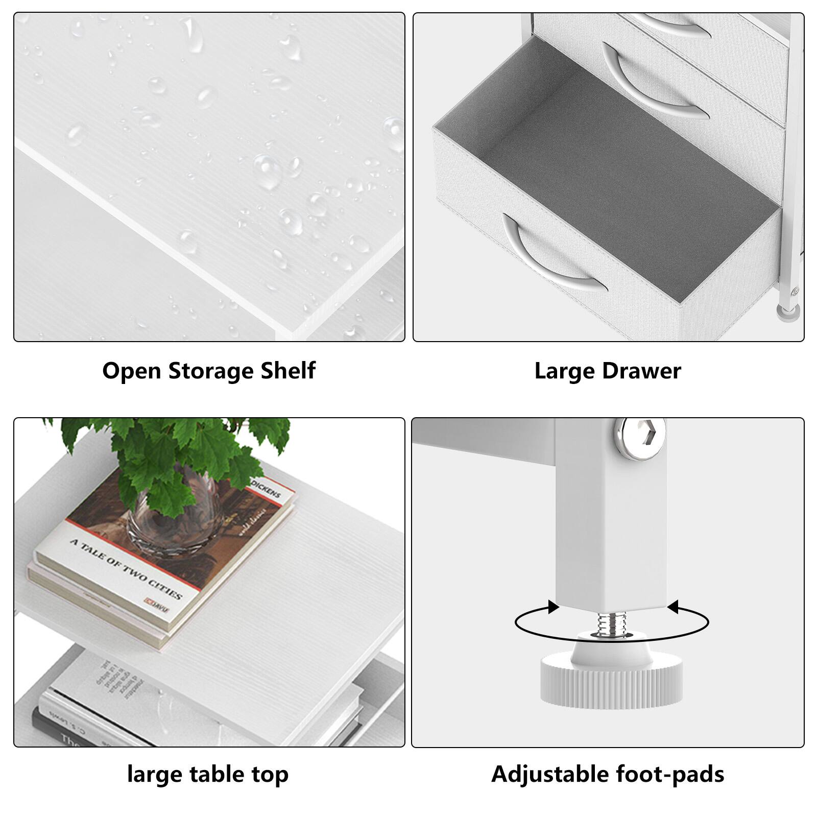 Open Storage Shelf  
Large Drawer  
Large table top  
Adjustable foot-pads