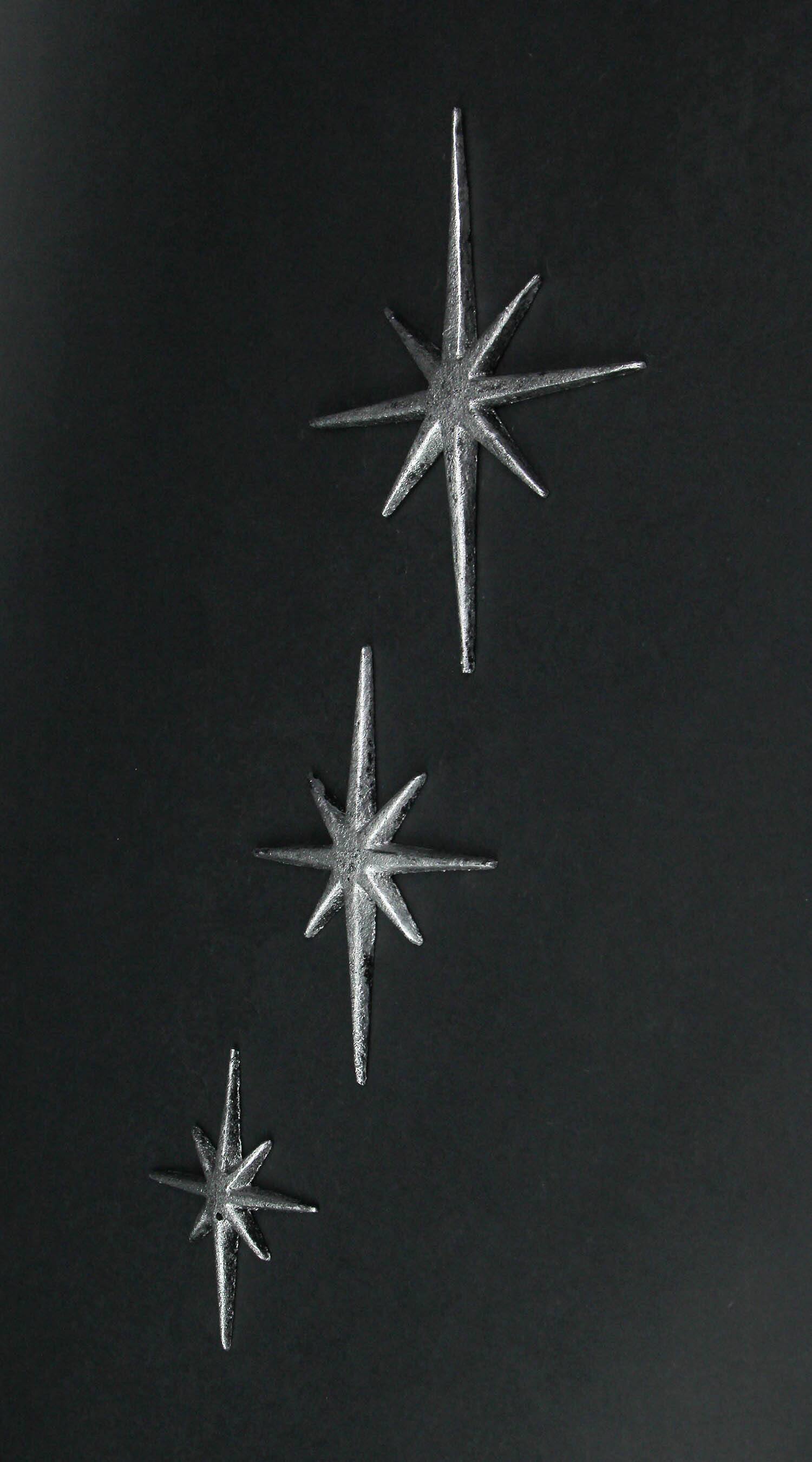 Alt View 3. Zeckos - Set of 3 Metallic Silver Cast Iron 8 Pointed Starburst Wall Hangings Stars - Silver.