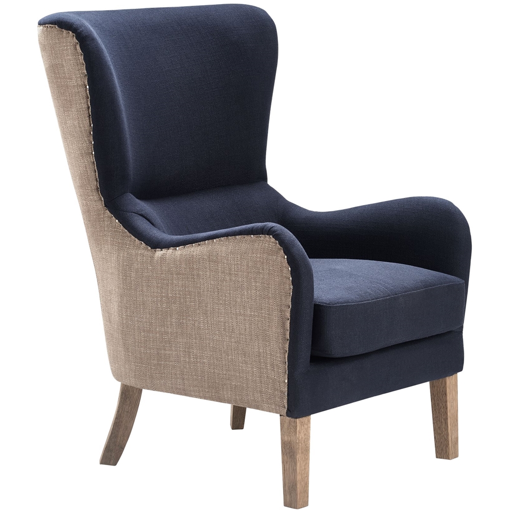 Left View: Finch - Rustic Farmhouse Accent Chair - Brown/Navy